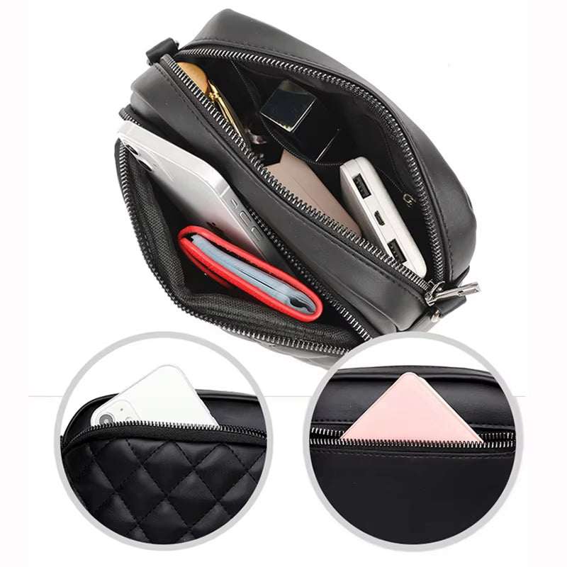 Black diamond lattice women shoulder bag with multiple zipper compartments and PU leather material for crossbody use