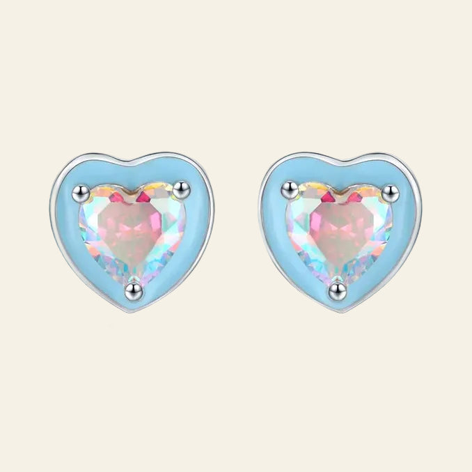 925 Sterling Silver Romantic Blue Enamel Hearts Ear Studs Rainbow Color Zirconia Stud Earrings for Women Wedding Jewelry