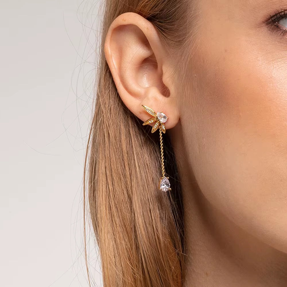 Earrings Leaves with Water Drop Europe Fine Jewelry for Women Autumn New Sterling Silver 925 Gift