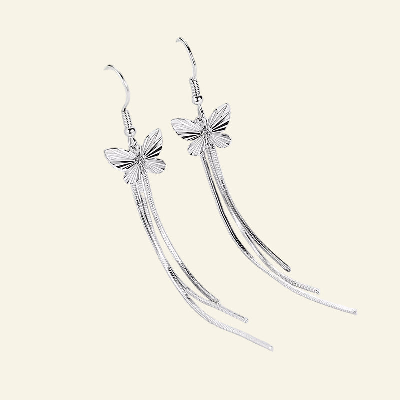 Original 925 Sterling Silver Woman'S Fashion Jewelry New Long Chains Butterfly Drop Earrings XY0005