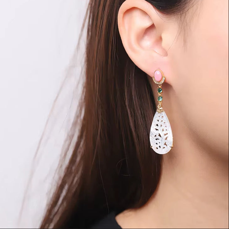 Mother of Pearl S925 Silver Zircon Water Drop Earrings for Women Pink Shell Vintage Luxury Dangle Earring 2023 New Gift